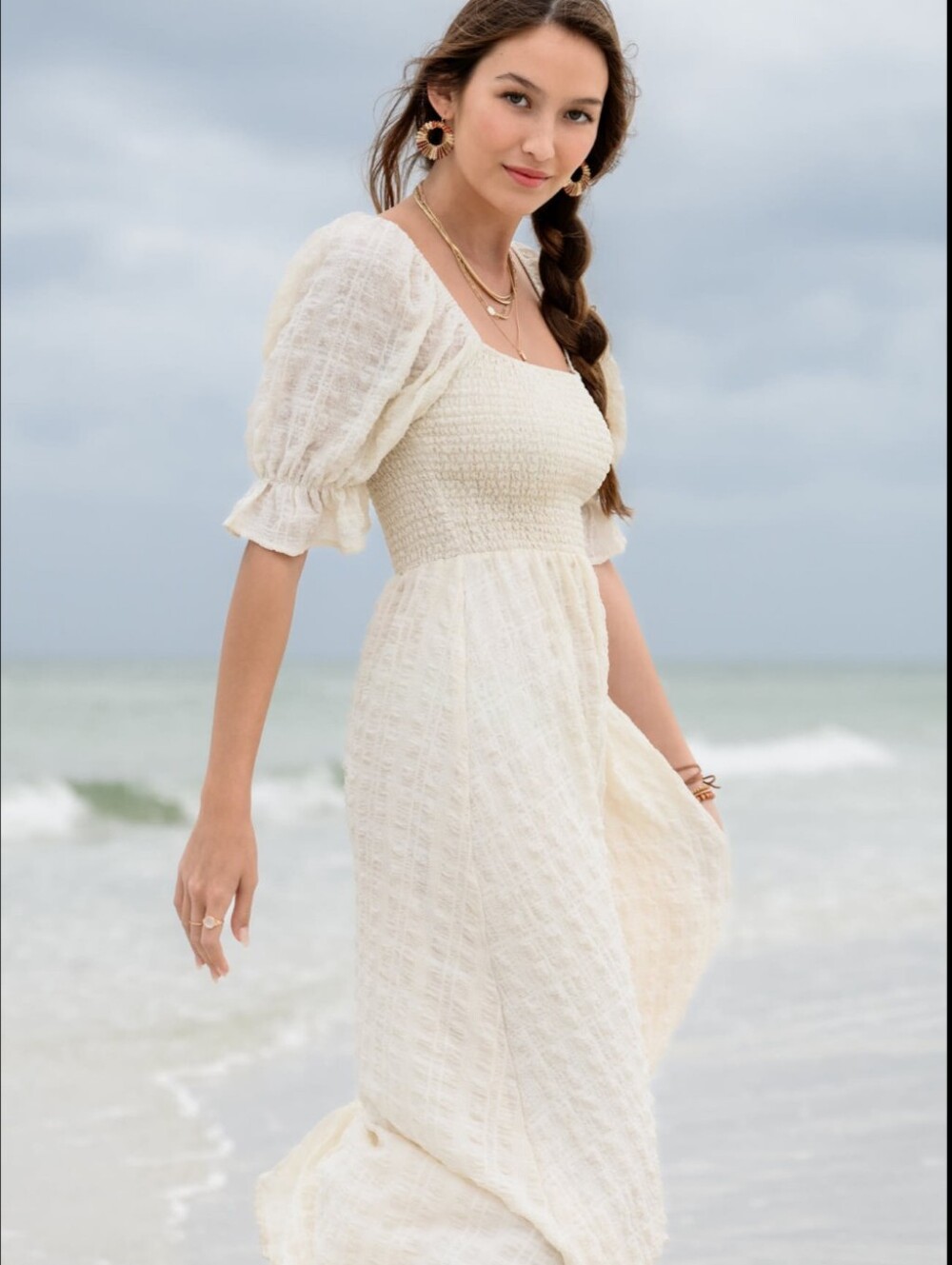 Altar'd State Dress Size S White Creamaxi Princess Cottagecore Lined Puff Sleeve - Picture 2 of 9